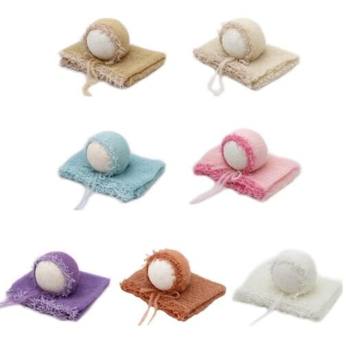 87HD 2 Pcs/set Lace Wrap with Hat Cute Stretch Soft Mohair Tassel Baby Blanket Clothing Suit Newborn Photography Props