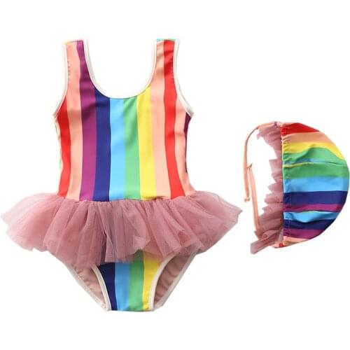 1~7Y Baby Girls Swimming Dress Girls Swimsuit Lace style Ins Children Swimming suit with cap Swim wear for girls-SW428