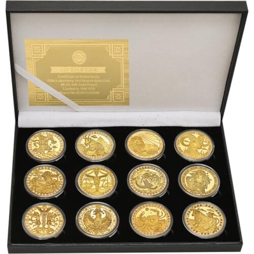 12 Constellations Zodiac Golden Plated Challenge Coin Set Collectible Original Coins Set Holder Creative Souvenir Holiday Gift