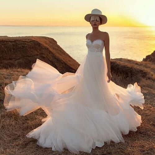 Eightree New Tulle Pearls Bohemian Wedding Dresses 2021 Sweetheart Vintage Bride Dress Beach Wedding Gowns Boho Casamento