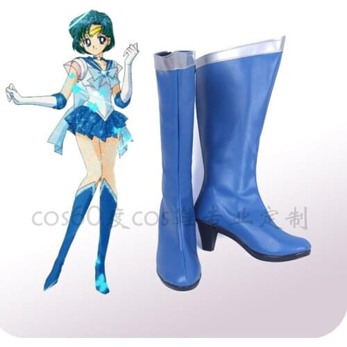 Anime Cosplay Shoes Knee Length PU Leather Sailor Mercury Cosplay Boots High Heels Zipper-up Girls Halloween Shoes