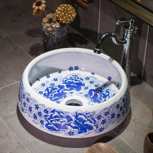 Countertop flower shape Ceramic Bathroom Sink Art Basin wash basin for dining room blue and white