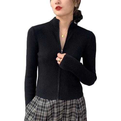 Slim Zipper Knitted Sweater Coat Women Spring and Autumn Half Open Collar Knitted Cardigan Jacket Women Long Sleeve Top NS2134
