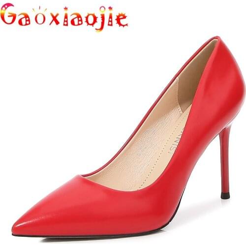 2021 New Fashion Women Pumps Thin Heel Classic Red Black Beige Sexy Wedding Shoes 9.5CM Pure Colour Pointed Toe Prom High Heels
