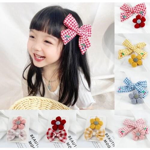 Baby Girls Kids Hair Clips Korean Sweet Fashion Hair Pins Flower Plaid Bow Cherry Headwear Knitted Cute Decoration Duckbill Clip