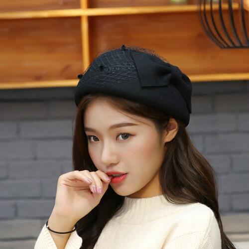 100% Wool Beret Hat Women Black Veil Bow Wool Felt Cap Ladies Red Grey Black Wedding Church Fedora Hat WInter Autumn Women Hat