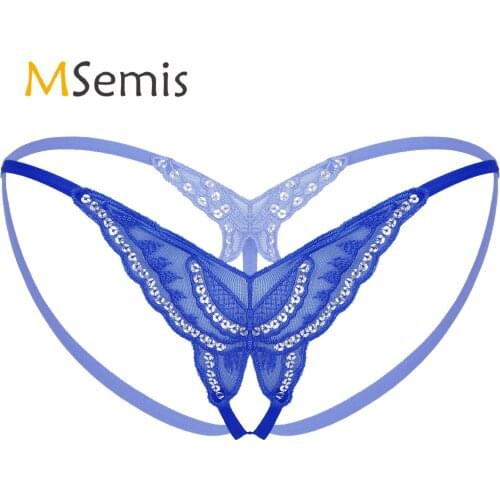 Womens Lingerie Sexy Open Butt Thongs Panties Sequined Lace Butterfly Low Waist T-back Crotchless G-string Erotic Underwear