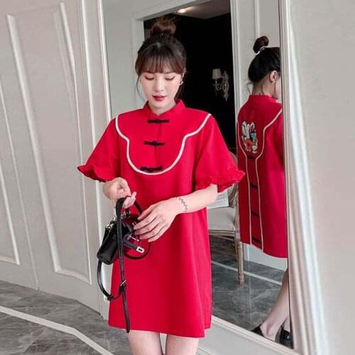 Korean Style Pure Red Cheongsam Stand Collar Short Sleeve Asian Dress Woman Retro Loose Temperament Printing Qipao Casual Skirt