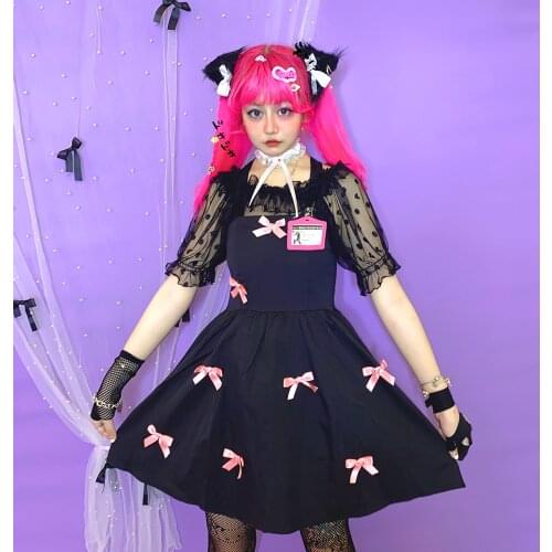 Summer Solid Sleeveless Sling Women Bowknot Princess Fluffy Sweet Pullover Dress High Waist Japanese Kawaii Black Cake Dresses