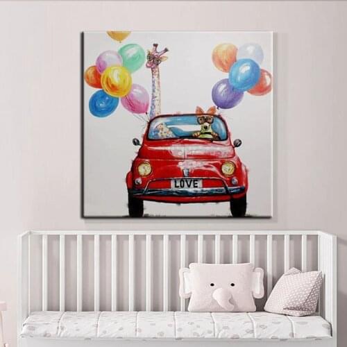 100% Hand Painted Cartoon Giraffe Puppy Driving Abstract Paintings Modern Animal Nursery Kids Room Cartoon Home Decor Art Decor