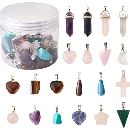 40pcs Natural Synthetic Mixed Polished Round Teardrop Heart Star Cross Quartz Agate Energy Gemstone Dangle Charms Jewelry Making