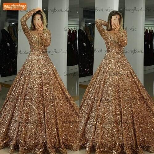 Sparkly Pink Evening Dresses Long Sleeves Dubai Vestido De Festa 2021 Sequins Ball Gown Woman Reflective Dress Party Avondjurken