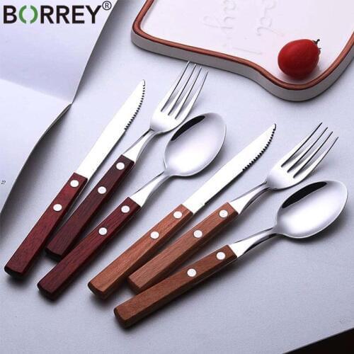 BORREY 24Pcs Metal Cutlery Set Stainless Steel Tableware Sliver Fork Knife Spoon With Wood Handle Restaurant Hotel Steak Cutlery