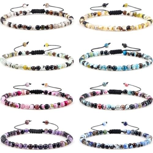 Natural Beads Bracelets Handmade Adjustable Round Agates Onyx Stone Braided Bracelet Bangle Women Men Yoga Jewelry Pulseira 4mm
