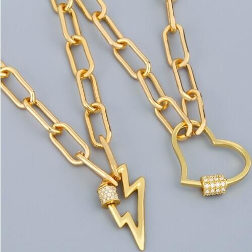 FLOLA Gold Heart Necklace For Women Carabiner Lock Lightning Bolt Pendant Necklace Zirconia Copper Punk Statement Jewelry nker30