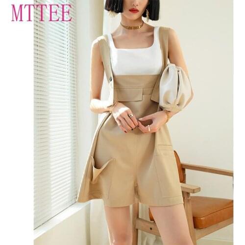 Casual jumpsuit womens suit 2021 summer new loose straight-sleeved pants high-waisted wide-legged shorts two-piece set