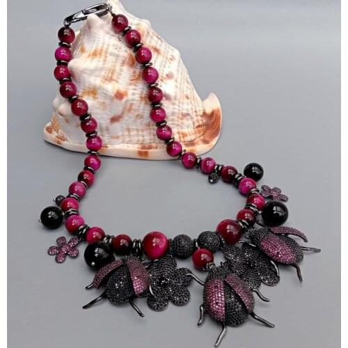 YYGEM Fuchsia Color Round Tiger Eye Cz Pave gunmetal color flower Insect pendant Statement Necklace 18" for women