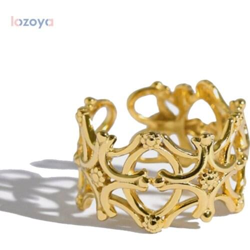 LOZOYA 925 Sterling Fashion Fine Jewelry Silver Gold Large Openwork Resizable Adjustable Rings 2021Simple Rock Punk Jewels