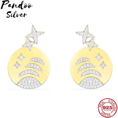 Fashion Charm Sterling Silver Original 1:1 Replica, Yellow Silver Stars & Planet Underlobe Earrings Jewelry Gift For Female