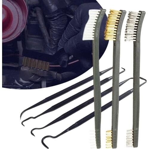 Practical Pick And Brush Set Double-headed 3 Wire Brushes and 4 Nylon Picks Multipurpose Car Detailing Cleaning Tool Accessories