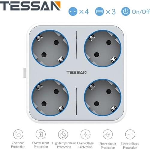 TESSAN EU Mulitple Wall Socket with On/Off Switch 4 Outlets 3 USB Charging Ports 5V 2.4A 7 in 1 Power Strip Overload Protection