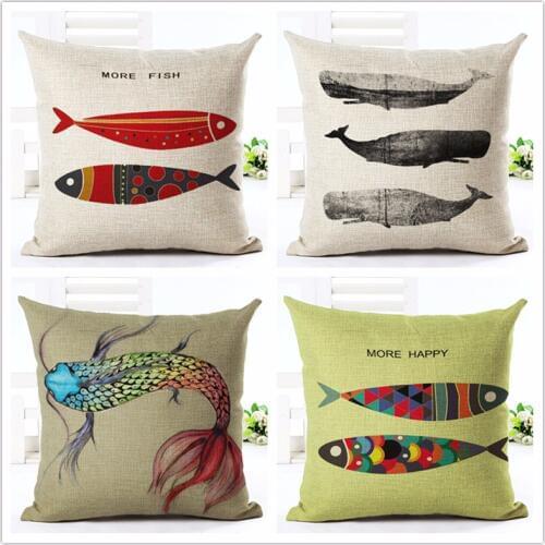 New Nordic Style Colorful Fish Printed Home Decorative Cushion Sofa Throw Pillow Square Cojines Cotton Linen Fundas