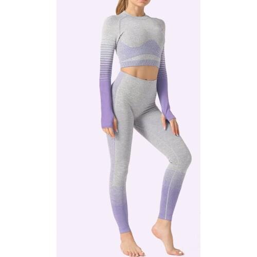 New seamless Yoga suit womens striped knitted hip lifting elastic Fitness Yoga suit leggings women 2 piece set women