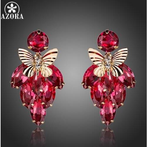 AZORA Rose Red Cubic Zircon Botryoid With Gold Color Butterfly Drop Earrings TE0100