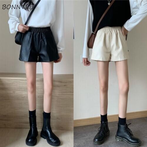 Shorts Women PU Solid Simple Pockets Loose High Waist Elasticity Chic Korean Style All-match Students Ladies Leisure Trendy Ins