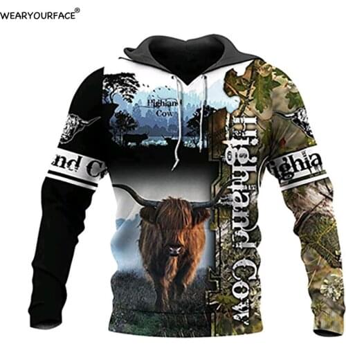 Highland Cow Hunter 3D All Over Print Crewneck Zipper Hoodies Casual Outdoor Vocation Sports Streetwear Men Unisex Clothing