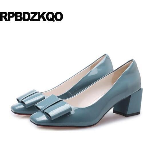 Thick size 33 pumps 4 34 square toe patent leather bow blue ladies mid heels shoes high quality block customized women chunky