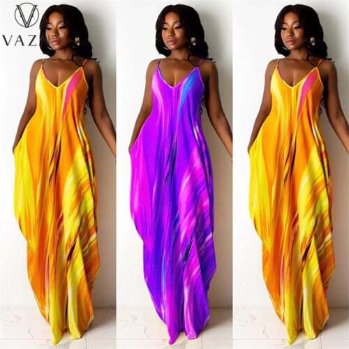 VAZN 2021 Sleeveless Deep V-neck Backless Tie Dye Chic Ladies Casual Shinny Night Party Shinny Slim Maxi Dress