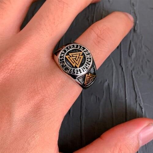 Vintage Viking Valknut Ring For Men Fashion Odin Runes Signet Stainless Steel Rings Totem Amulet Jewelry Wholesale