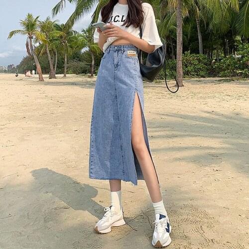 Sexy Single Slits Denim Skirt A-Line Denim Long Skirt For Women Summer High Waist Casual Denim Skirts Female Vintage Midi Skirt