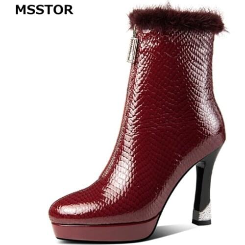 Fur Platform Ankle Boots Women Sewing Zipper Round Toe Black Rubber Fashion Party Sexy Genuine Leather Winter Shoes High Heels