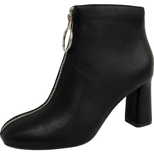 Womens shoes new fashion metal zipper high heel Martin boots pointed toe slimming soft soles comfortable chunky short boots