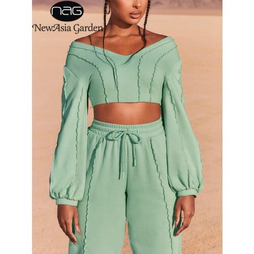 NewAsia Winter Two Piece Pants Set Tracksuit Women V Neck Patchwork Long Sleeve Crop Top High Waist Tie up Sweatpants Jogger Set