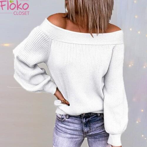 Flokocloset Sexy Slash Neck Solid Color Knitted Sweaters Casual Fall 2021 Womens Long Sleeve Pullover Streetwear
