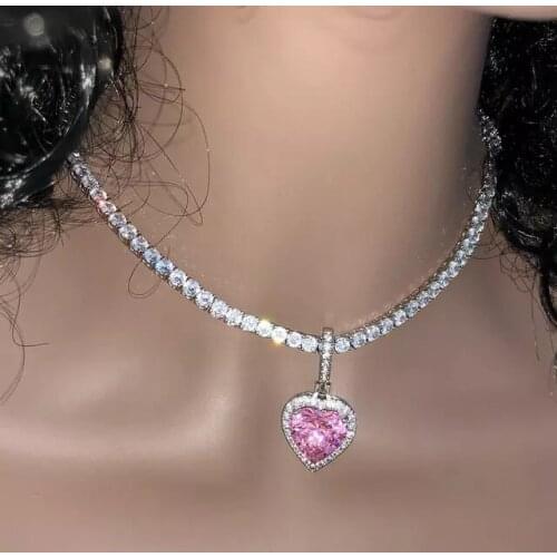 6 Colorful CZ Heart Pendant 3MM 5A Cubic Zirconia Tennis Chain Women Necklace Iced Out Bling Jewelry 16" 18"