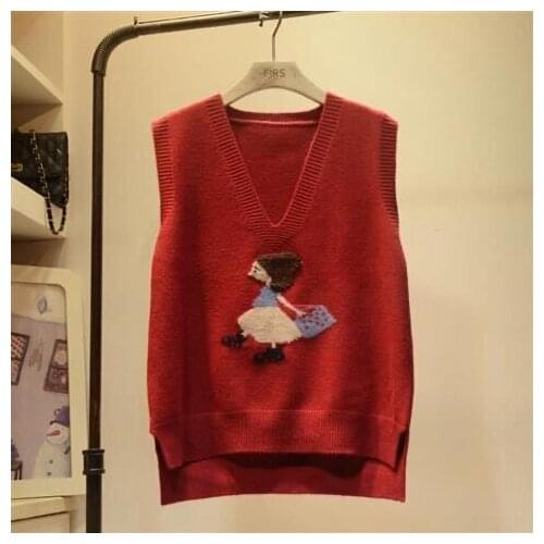 2021 Spring Autumn Womens Cartoon V-neck Girls' Sweater Vest Loose Knit Outer Wear Leisure Student College Literary Retro Red