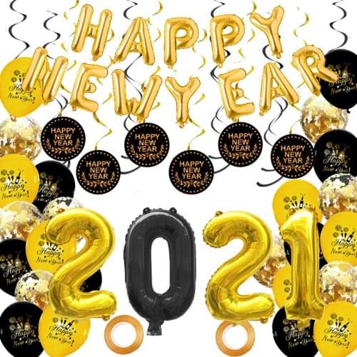 1set Black Gold 32 Inch 2021 16inch Happy New Year Balloons Banner Set Christmas Latex Confetti Balloon New Year Party Decor