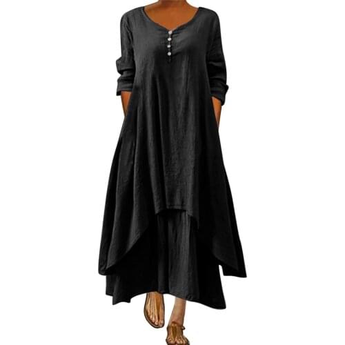 2021 Summer Bohemian Maxi Dress Women V-Neck Long Sleeve Cotton and Linen Long Dress Casual Loose Solid Dresses Plus Size 5XL