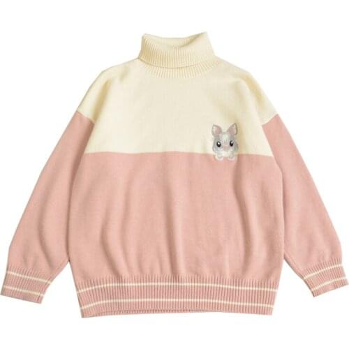 2021 Winter Warm Knitted Pullovers Women Sweater Cartoon Rabbit Embroidery Sweater Long Sleeve Turtleneck Korean Ladies Top