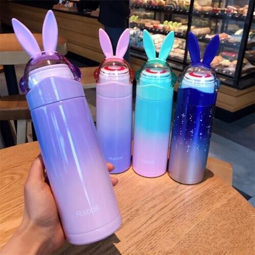 350ml Creative Rabbit Ears Vacuum Flask Cute Cartoon Female Student Stainless Steel Water Bottle Thermos Cup With Handle Lid