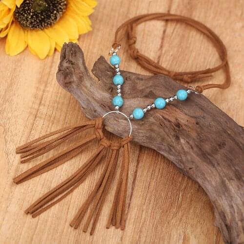 Turquoise Leather Necklace Classic Hohemian Handmade Casual Holiday Long Geometric Unique Trendy Necklace for Women
