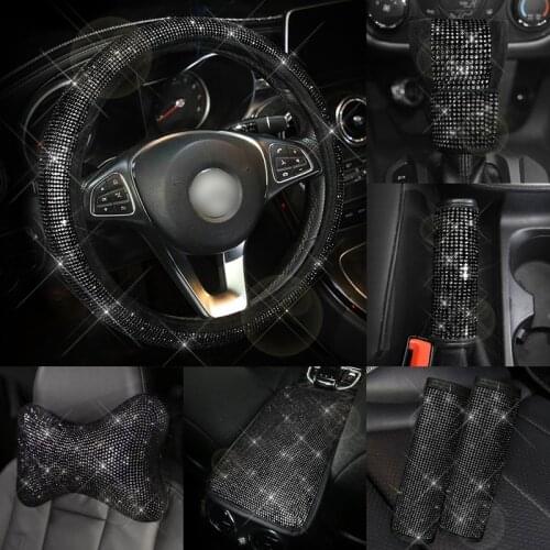 Sparking Neck Pillow Tissue Box Gear Box Black Car Steering Wheel Cover Crystal Rhinestone Auto Car Accerssories Bling Protector