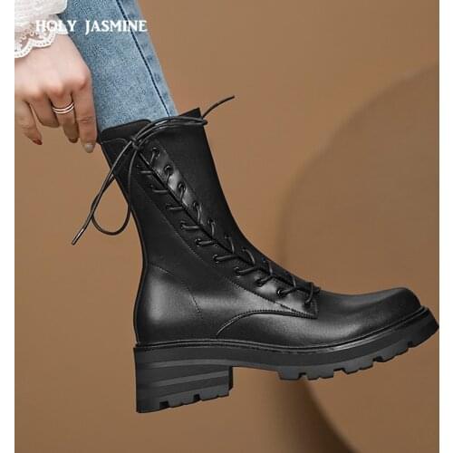 Fashion Round Toe Casual Thick Heels Women Ankle Boots Classic Genuine Leather 2021 Autumn Winter New Lace-Up Black Shoes Woman