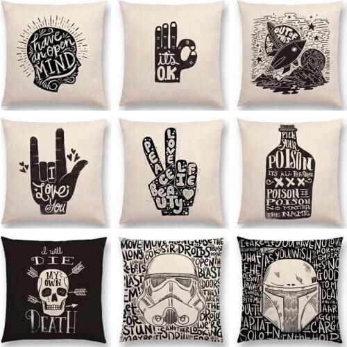 Black And White Decorative Letters Interesting Pattern Mind Gesture Bottle Skull Casque Sword Cushion Cover Sofa Pillow Case