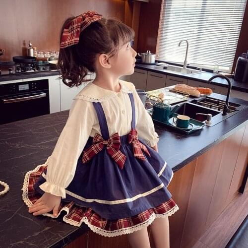 Kids Bowknot Princess Dress For Girls Spring Clothes Childrens Korean College Style Long Sleeve Dress Cute Cotton A-Line Dress