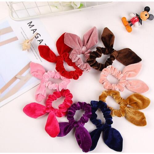 Hot Velvet Rabbit Ears Hair Scrunchie Kawaii Bunny Ears Scrunches Elastic Bow Tie Girls/Women Ponytail Holder Hair Accessories